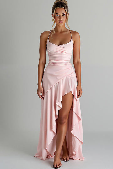 Robe de soirée en mousseline de soie rose clair à volants High-Low